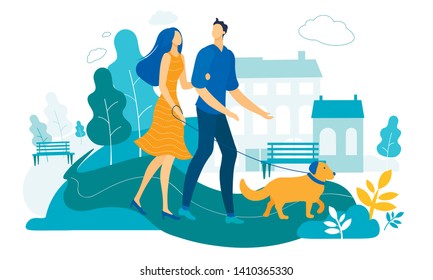 Young Loving Couple Walking with Dog in City Park. Male and Female Character, Family Spending Time Together, Playing with Pet Outdoors. Leisure, Summer Sparetime, Love Cartoon Flat Vector Illustration