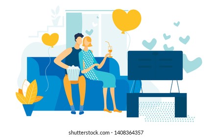 Young Loving Couple Watching TV with Popcorn and Beverages. Male and Female Characters Sitting on Couch Together in Weekend Evening. Love, Leisure, Sparetime, Day Off. Cartoon Flat Vector Illustration