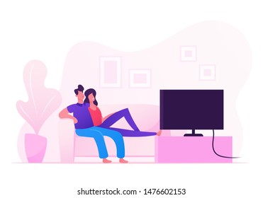 Young Loving Couple Watching TV at Home. Male and Female Characters Sitting on Couch Together Spending Time in Weekend Evening. Love, Leisure, Day Off Sparetime. Cartoon Flat Vector Illustration