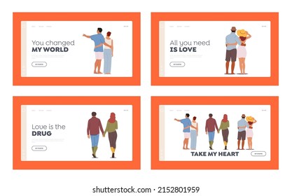 Young Loving Couples Romantic Relations Landing Page Template Set. Man and Woman Embrace Each Other, Dating, Love, Romance. Male and Female Characters Hugging. Cartoon People Vector Illustration