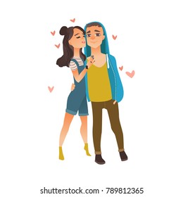 Young loving hipster couple standing and hugging, girl kissing her boyfriend, flat vector illustration isolated on white background. Full length portrait of happy hugging young hipster couple in love