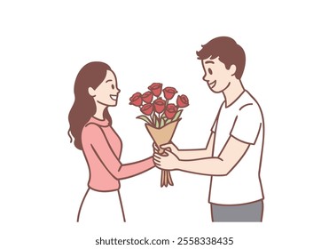 Young loving man cartoon character giving red flowers bouquet to his girlfriend during date. Hand drawn style vector design illustrations.
