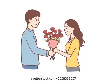 Young loving man cartoon character giving red flowers bouquet to his girlfriend during date. Hand drawn style vector design illustrations.
