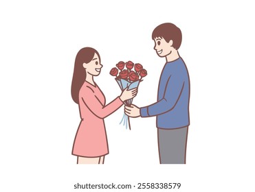 Young loving man cartoon character giving red flowers bouquet to his girlfriend during date. Hand drawn style vector design illustrations.
