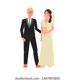 Young loving marriage couple, man and woman cartoon characters in wedding day, flat vector illustration isolated on white background. Family portrait and relationship.