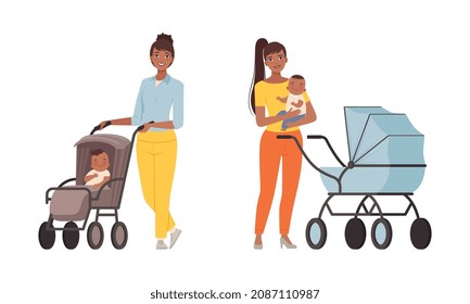 Young Loving Mother Spending Time with Her Little Baby Nursing Him Vector Set