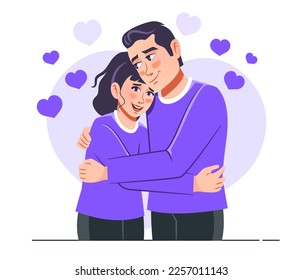 Young loving smiling couple boy and girl standing hugging embracing each other feeling in love illustration of Hug day. Flat style vector scene isolated on white background for blogging, website.