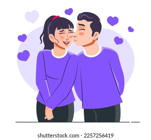 Young loving smiling couple boy and shy girl standing kissing embracing each other feeling in love illustration of Kiss day. Flat style vector scene isolated on white background for blogging, website.