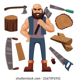 Young Lumberjack carry axe with Cross-cut Saw, plank and wood log in cartoon character, vector illustration