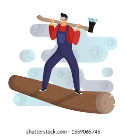 A young lumberjack with overalls and goggles stands on the trunk of a felled tree with an axe. Illustration in flat cartoon vector style. Icon for the website, application