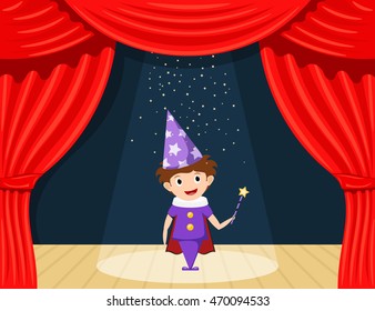 Young magician on stage. Children's performance. Small actor on stage playing the role of a wizard. A scene from the play. A child in a suit with a magician's wand. Stock illustration