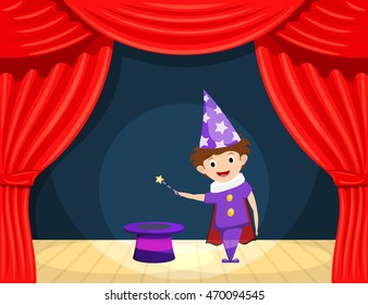 Young magician on stage. Children's performance. Small actor with a magic wand and 
cylinder on stage playing the role of a wizard. A scene from the play. Stock illustration