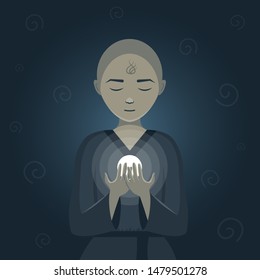 A young magician with a tattoo guesses over a white glowing ball. Spirals are flying around.