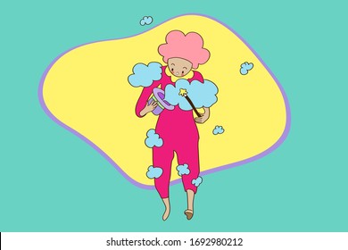 Young Magician Use Wand Create Clouds from Hat,Cute characters,relax color concept,pink cheek,rosy cheek,soft pastel color,vector illustration for graphic design,textile pattern,website,banner, card