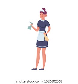 Young maid holding cleaning spray and cloth vector illustration