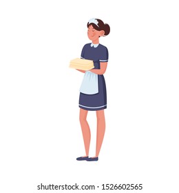 Young maid holding stack of clean towels vector illustration
