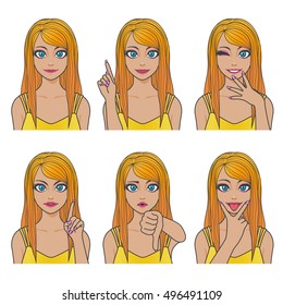 young make-up girl character set, various pose and expression, cartoon illustration, vector