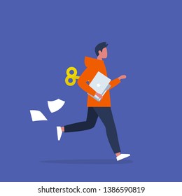 Young male active character running with a clockwork mechanism. Efficiency at work, conceptual illustration. Flat editable vector illustration, clip art