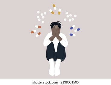 A young male African character addicted to pills covering their face with hands, a moment of desperation