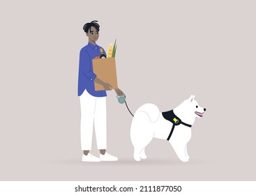 A young male African character busy with daily routine activities, walking a dog and buying groceries