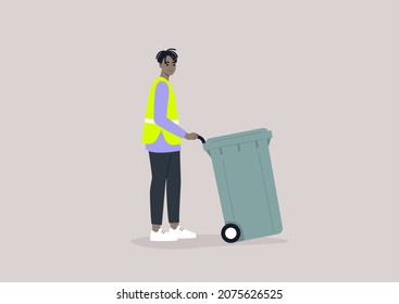 A young male African character collecting a waste bin, Utility service, environmental conversation, a plastic garbage container on a wheel