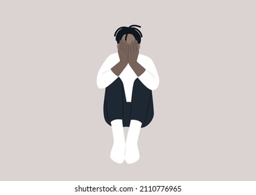 A Young Male African Character Covering Their Face With Hands, A Desperate Situation.