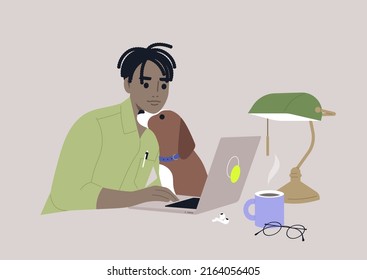 A young male African character cuddling with their dog while working on a laptop, a work from home concept