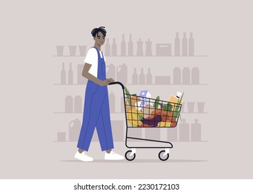 A young male African character in denim overalls pushing a grocery cart in a supermarket