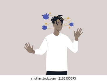 A Young Male African Character Feeling Dizzy With Blue Birds And Yellow Stars Orbiting Around Their Head