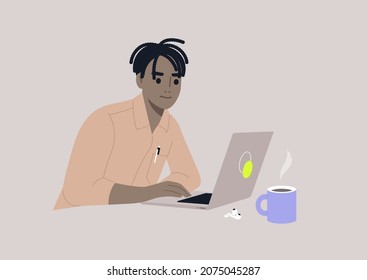 A young male African character focused on their work, a workplace scene, daily routine