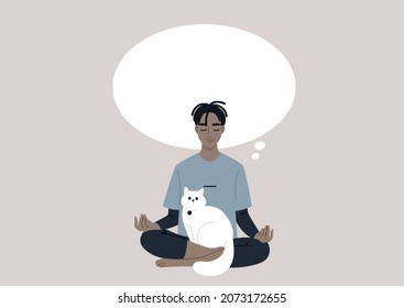 A young male African character meditating with a white cat on their lap, clear mind and thoughtfulness