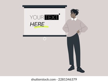 A young male African character pointing at a video projector screen, copy space, your text here