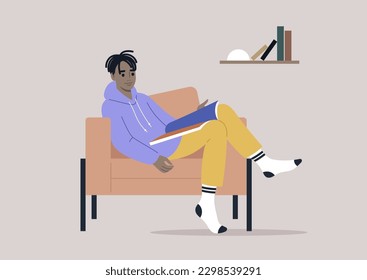 A young male African character reading a magazine at home, comfortable armchair and a bookshelf