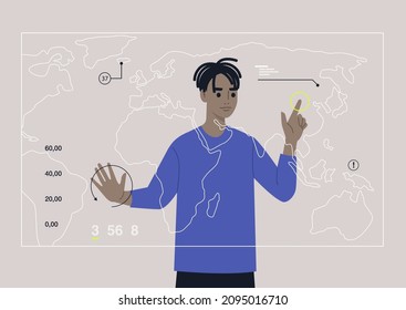 A young male African character researching an augmented reality map with infographics on it, a transparent futuristic screen