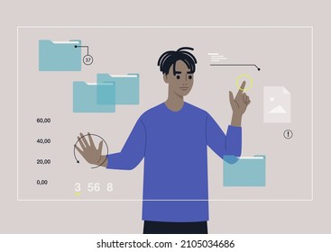 A young male African character researching an augmented reality workplace with folders and files on it, a transparent futuristic screen