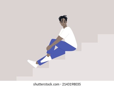 A young male African character sitting on a staircase, casual millenial lifestyle
