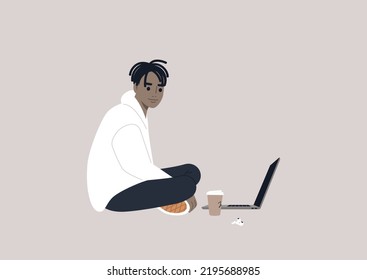 A young male African character sitting on the floor and working on their laptop with crossed legs