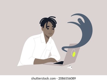 A young male African character suffering from internet haters, cyberbullying, stress at work