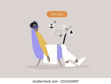 A young male African character taking a nap during the working day, missed calls and messages, a huge snooze button hovering above