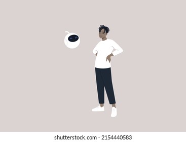 A young male African character talking to a cute round robot