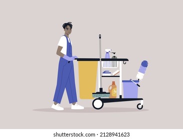 A Young Male African Character In A Uniform Rolling A Hotel Cleaning Service Cart