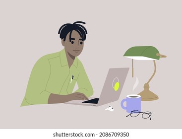A young male African character working in a library, a green glass vintage lamp sitting on a desk