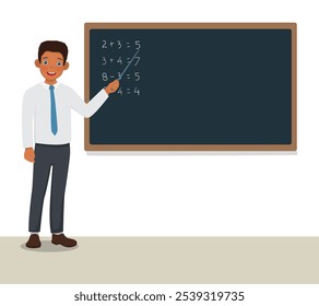 Jovem professor africano em pé na frente da aula ensinando aula de matemática na lousa