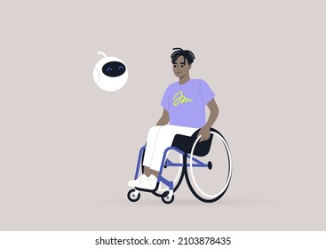 A young male African wheelchair user chatting with a cute round robot, new technologies and modern lifestyle