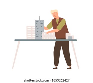 Young male architect install mini city building models on table. Professional engineer or designer working with project of town. Flat vector cartoon illustration isolated on white background