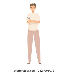Jovem artista masculino está segurando pincéis, pronto para desencadear sua criatividade em uma nova obra-prima