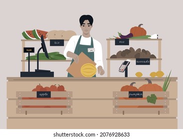 A young male Asian cashier at the farmers market, fruits and vegetables in wooden crates