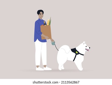 A young male Asian character busy with daily routine activities, walking a dog and buying groceries