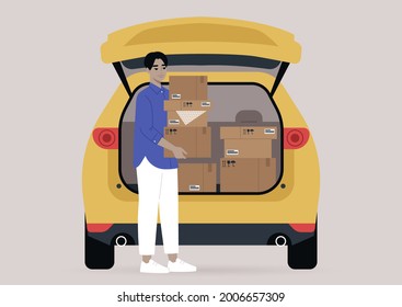 A young male Asian character carrying cardboard boxes with personal belongings packed in them, a moving out scene