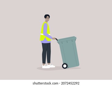 A young male Asian character collecting a waste bin, Utility service, environmental conversation, a plastic garbage container on a wheel